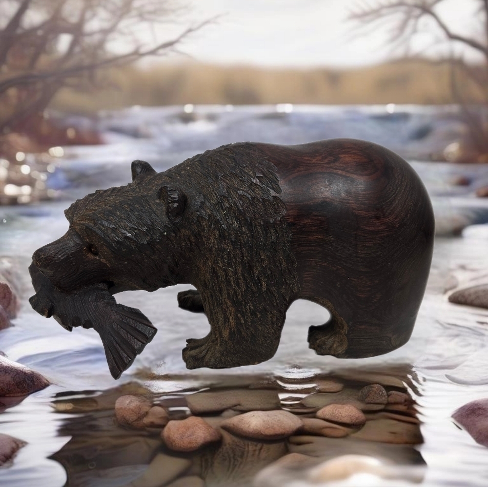 Wood Wilderness Carved Bear Catching A Fish In Mouth  Rich Brown Color Heavy